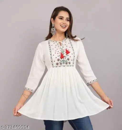 Har White Rayon Three-Quarter Sleeve Top, solid pattern, women's clothing in various sizes: S, M, L, XL