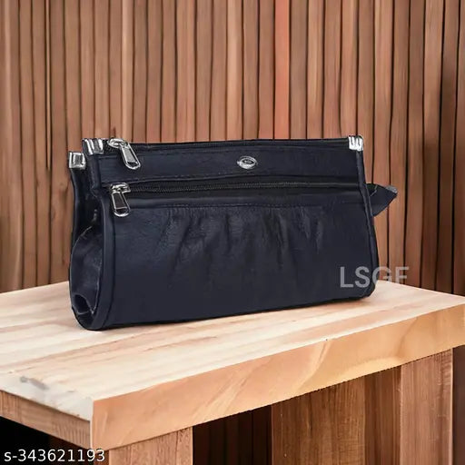 Black PU leather women's wallet with zip closure, hand clutch style