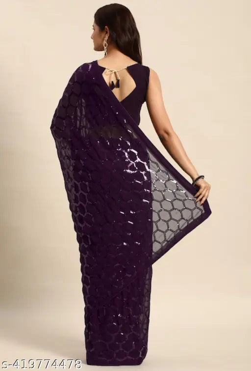 Purple sequined georgette saree for women