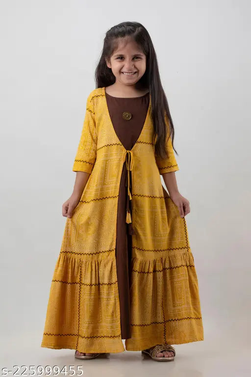 Multicolor rayon, three-quarter sleeves printed net anarkali kurta for girls, showcases yellow and maroon, size 5-6 years or 7-8 years