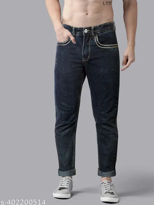 Slim black denim jeans for men, stretchable and clean wash by Rigbone. Available sizes: 28-40 (India origin)