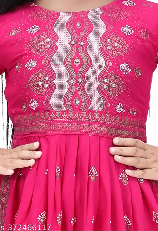 Viscose Rayon embellished A-line Kurta with three-quarter sleeves and palazzo bottoms in Indian style, crafted for comfort and elegance. Suitable for various body types and ideal for festive or casual occasions. Available in sizes 5-12 years