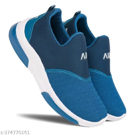 Blue athletic shoe with white sole, laced up front