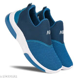 Blue athletic shoe with white sole, laced up front