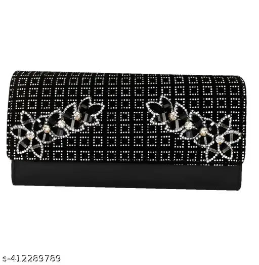 Chic women's wallet with flower embellishments, black leather material