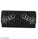 Chic women's wallet with flower embellishments, black leather material