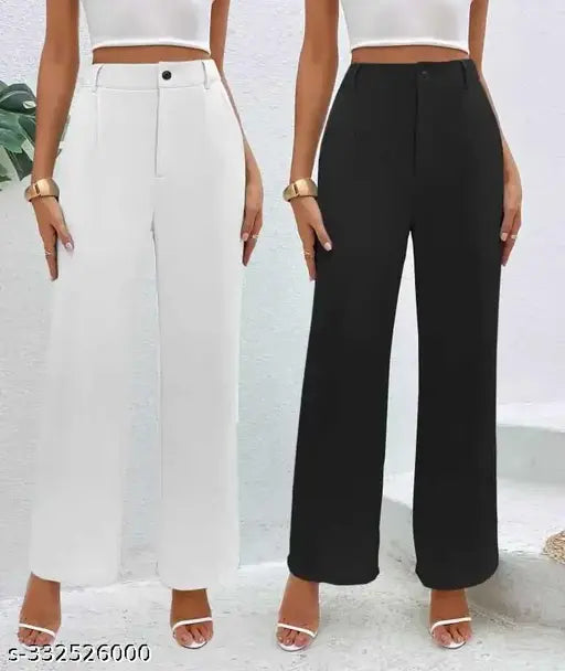 Trendy women's black & white cotton blend casual trousers combo pack of 2, Solid high-rise design with ankle length, Elastic waistband for comfort, Available in various sizes: 26, 28, 30, 32, 34 (India)