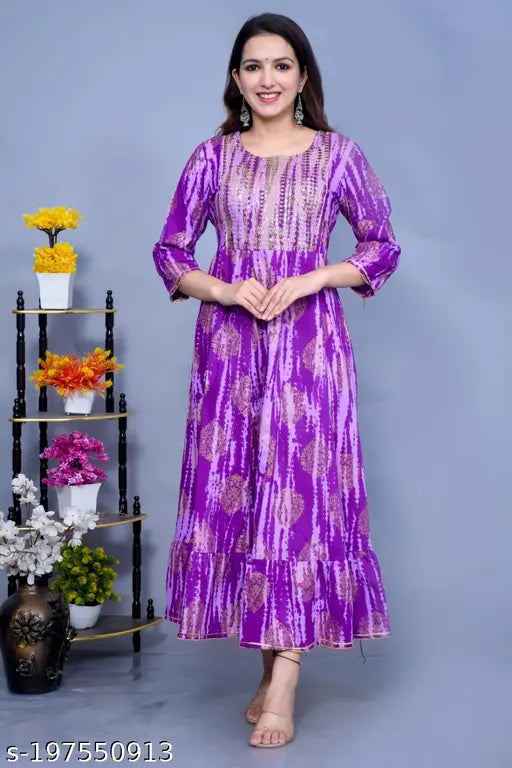 Rayon flared kurti with ethnic motif print, three-quarter sleeves, Indian origin