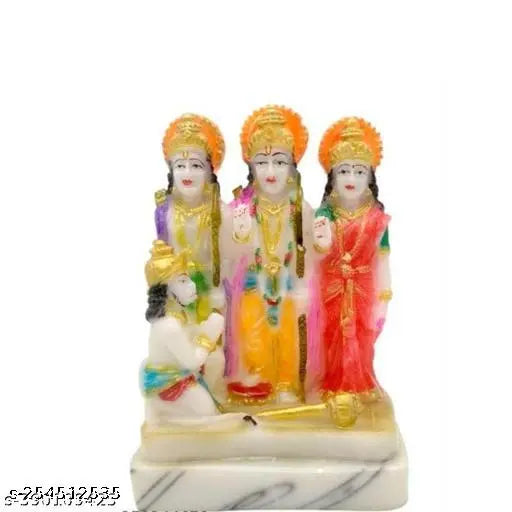Handmade marble Ram Darbar statue, detailed Hindu religious idol with Laxman, Sita & Hanuman. Marble showpiece for home temple, Dimension: 14x9x6 cm