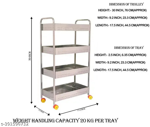 Stainless steel, 4-tier folding cart with perforated shelves for fruits and vegetables. Modern kitchen storage organizer, holding capacity of 20 kg per tray