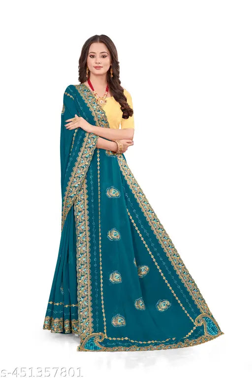 Women's pure Georgette saree with semi-stitched blouse piece, embroidered in Indian style. Flowy and lightweight for easy wear on special occasions