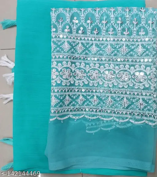 Printed satin patta saree with embroidery, 6 yards