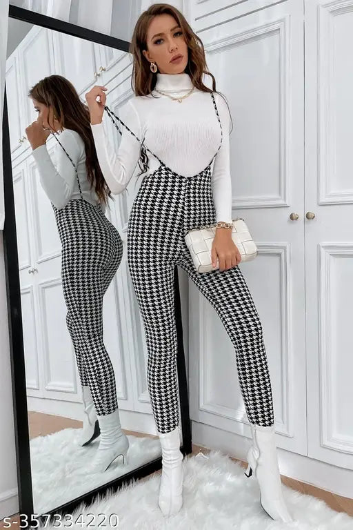 Lycra women's trendy dungaree with long sleeves, printed net design, size XL (India)