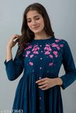 Rayon embroidered kurta by Janaknandini Crafts, three-quarter sleeves, Indian fashion clothing on model