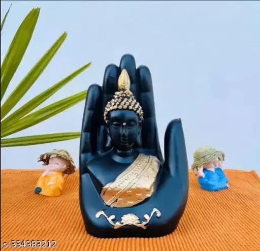 Handcrafted black and gold palm Buddha statue, luxurious decor for living room, Indian-made figurine with gold detailing