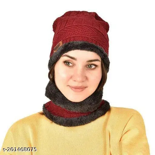 Red wool beanie and scarf set with red trim