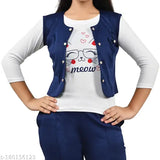 Navy cotton blend three-quarter sleeves printed dress set for girls aged 8-15, featuring a T-shirt, jacket, and pants/palazzo