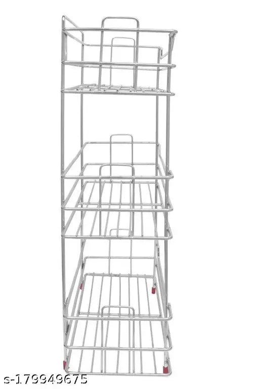 Silver metal multipurpose rack with three shelves, suitable for kitchen and bathroom use