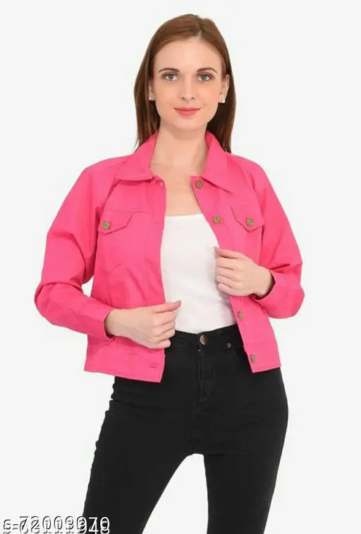 Denim pink retro jacket for smart girls, solid-patterned long sleeve, size S (34in bust, 18in length)