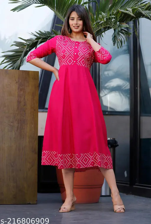 Pink solid rayon Anarkali kurta for women, three-quarter sleeves, flared silhouette, India origin