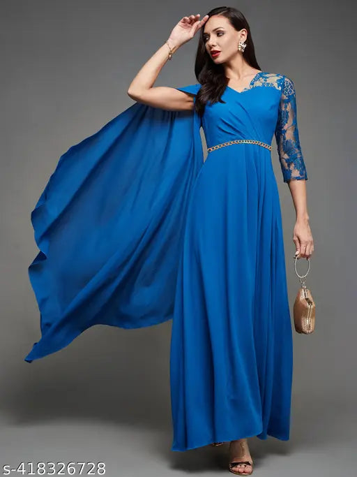 Royal blue Georgette V-neck maxi dress with asymmetric embellishments, short sleeves, women's fashion accessory
