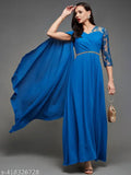 Royal blue Georgette V-neck maxi dress with asymmetric embellishments, short sleeves, women's fashion accessory