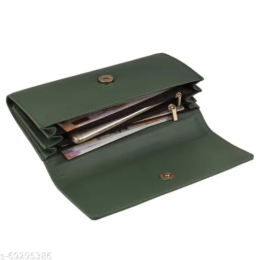 Peacock green faux leather womens clutch wallet, handheld style, with four card pockets