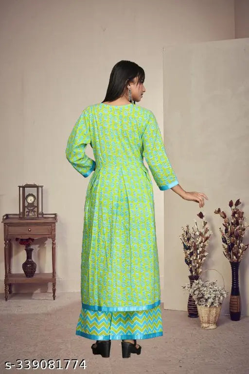 Parrot Rama Cotton Dress0101, pure cotton palazzo set with 3/4 sleeves, box pleats, and round neck. Available in S, M, L, XL, XXL sizes for a comfortable fit. Indian handcrafted design, perfect for everyday wear
