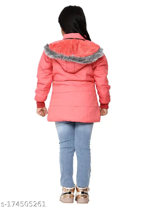 Modern fancy girls jacket. Girl wearing pink coat with hoodie