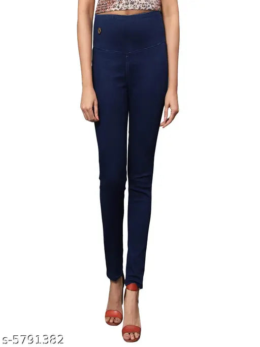 Solid navy blue/royal blue denim jeggings for women, stretchable high waist and skinny fit with broad belt, ankle length