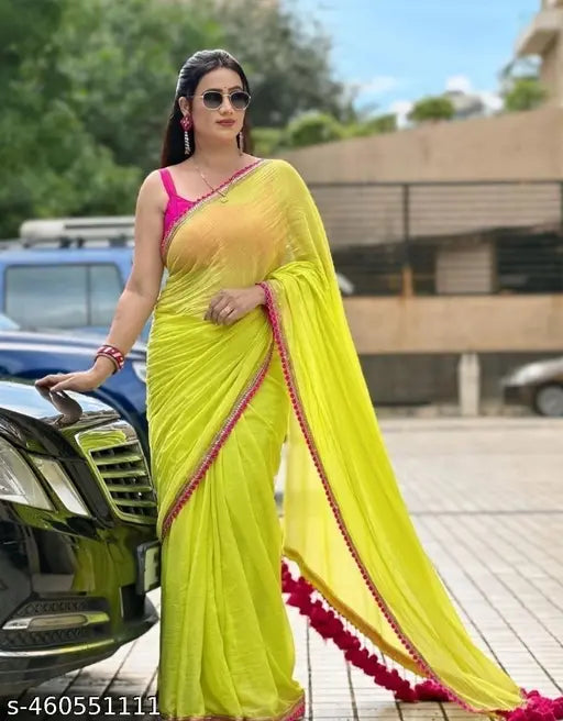 Georgette saree with embroidery lace border and latkan, Bollywood-inspired ethnic wear for women and girls, India