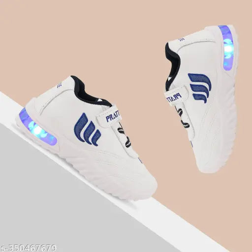 Lightweight blue casual kids' shoes with LED lights and Velcro closure, suitable for outdoor sports or for tiny little kids