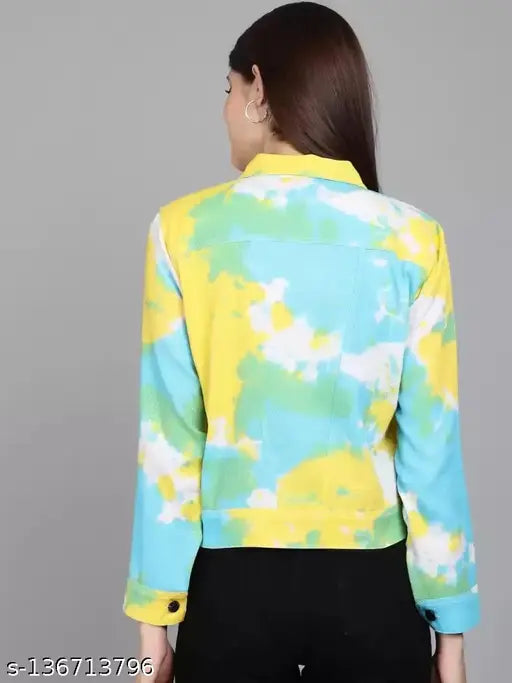 Colorblocked denim full sleeve casual jacket for women, size S-XL