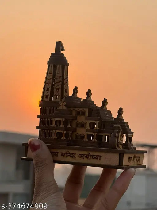 Wooden 3D Ayodhya Temple Ram Darbar Idol, small home office or car dashboard decor, handcrafted in India (5cm x 9cm x 11cm)
