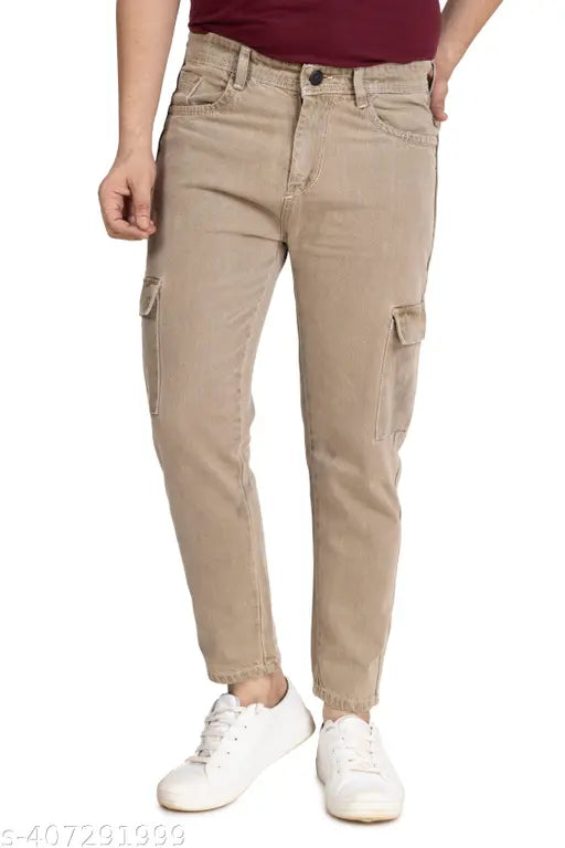 Men's brown cargo jeans, distressed wash, patch pockets