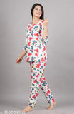 Women's printed rayon nightsuit with three-quarter sleeves and pyjama bottoms, featuring vibrant print on rayon fabric