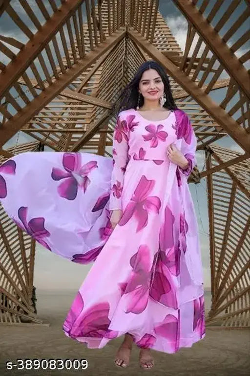 Georgette floral pink gown, high-quality Indian wedding or party dress featuring long sleeves and trendy printed net design