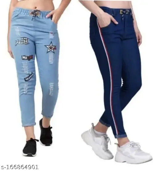 Light star & dark tringa patti women's denim joggers, solid pattern, size 28 (waist 14in, length 28in), Indian origin