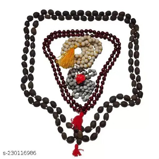 Multi-colored Wooden Japa Mala Combo: Sandalwood, Tulsi, Kamalgatta, Vaijanti (10 cm) - Used for meditation, spiritual growth, and healing in Indian tradition
