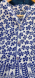 Long rayon anarkali dress with mandarin collar, navy blue color, floral pattern
