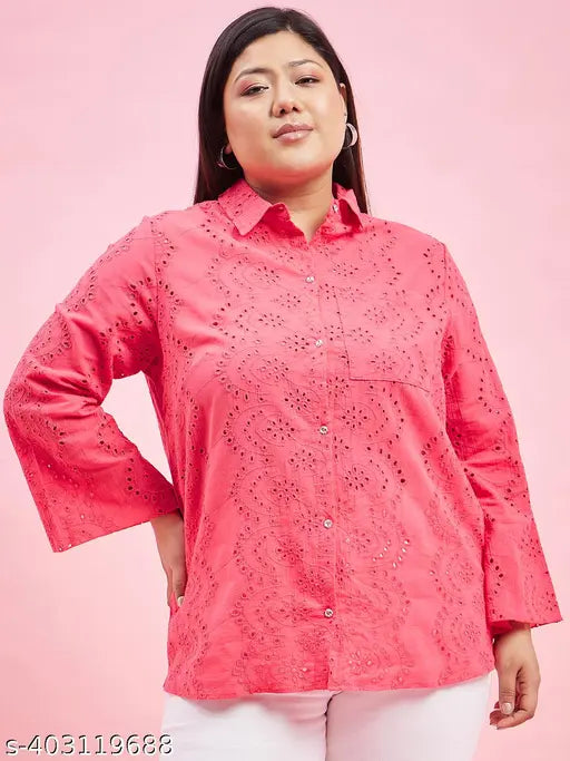 Dirty pink embroidered cotton top for women, long sleeves, size XXXL