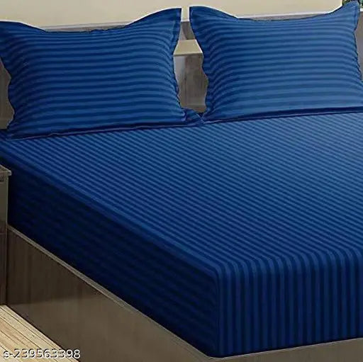 Blue N G Products Glace Cotton Satin Stripes Plain Color Double Bed Sheet with Two Pillow Covers, 90x90 Inch