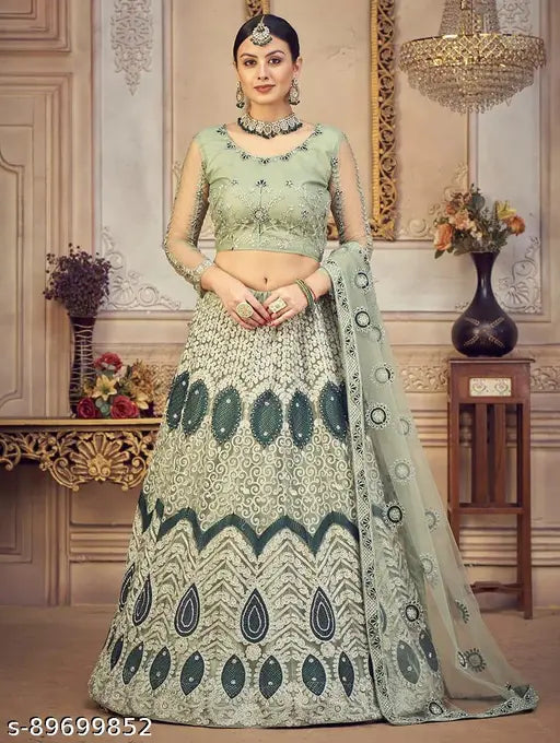 Embroidered art silk choli and net dupatta set, unstitched Indian bridal wear with 42" waist and 44" length