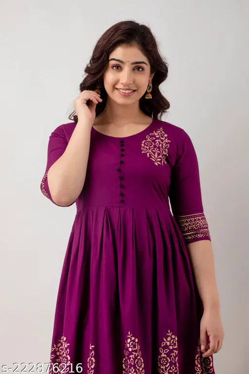 Rayon printed Anarkali flared kurta, three-quarter sleeves, gold design, Indian women's daily wear