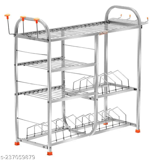 Stainless steel wall mount kitchen rack, 4 shelves, plate and cutlery holder, lower shelf design