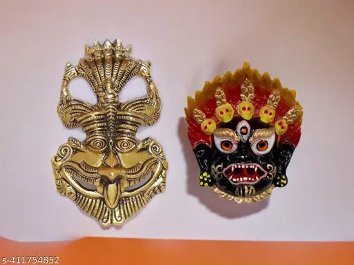 Handcrafted golden antique finish Nazar Battu Meenakari figurine for evil eye protection, oxidized white metal Kirti Mukha/Keerthi Mukudu decorative item for main doors