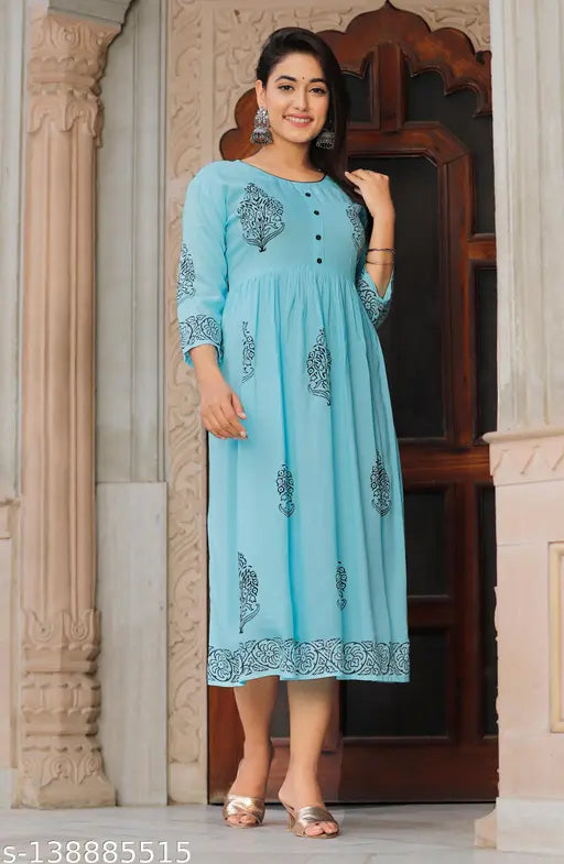 Sky blue anarkali kurti, black block print, long sleeve