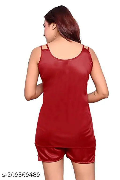 Maroon satin top & shorts set, luxurious sleepwear for women, solid pattern, comfortable fashion, Dream Night brand