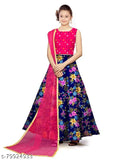 Kids satin lehenga set with net dupatta, floral printed and stitched, sleeveless design, size 4-5 years (waist 20in, length 24in, dupatta 1.5in)