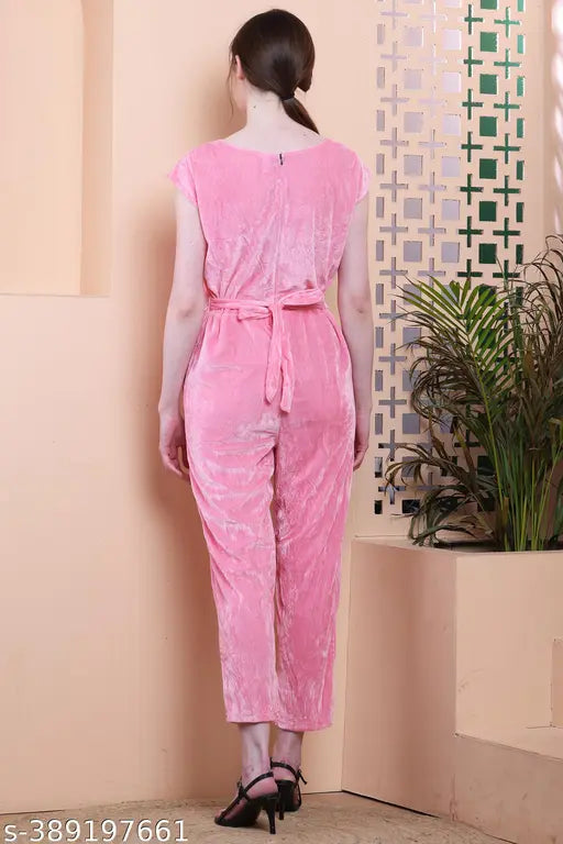Light pink velvet cap sleeves jumpsuit, solid pattern, women's formal wear from Vivient, India